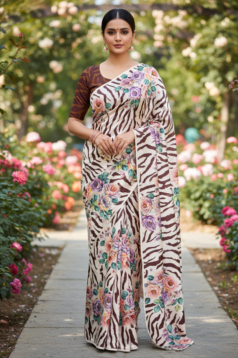 Zebra Floral Saree - Front
